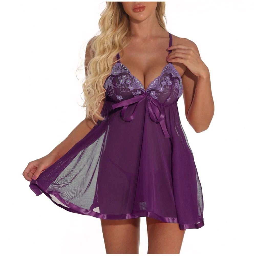Women's Nightdresses & Nightshirts Sexy Transparent Embroidery Lingerie Women Soft Sleepwear Jumpsuits Camisole Sling Pajamas-Morado_S