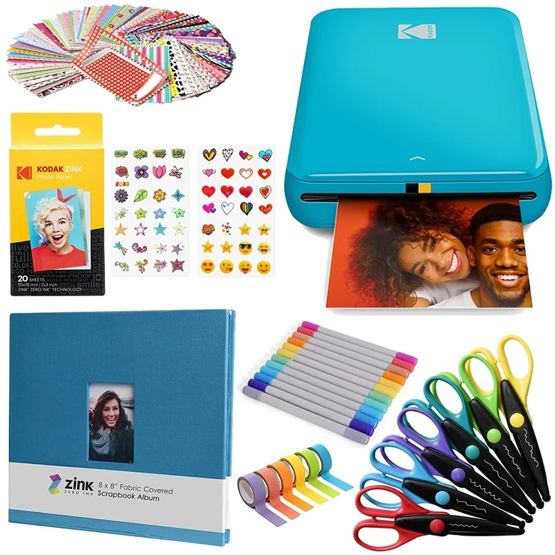 KODAK Step Instant Photo Printer With Bluetooth/NFC, ZINK Technology App for iOS & Android (Blue) Scrapbook Bundle