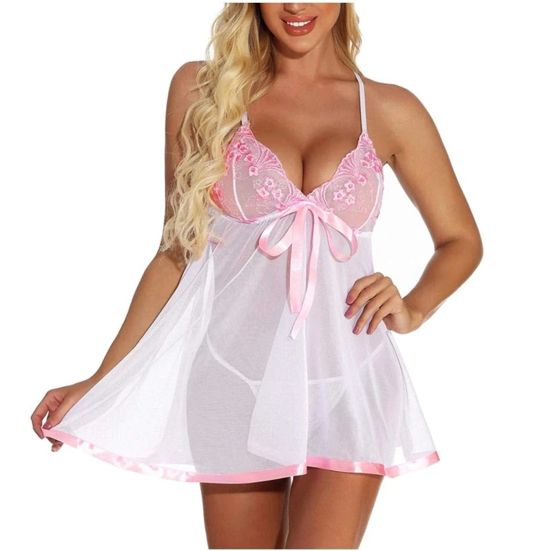 Women's Erotic Sleepwear Sexy Transparent Embroidery Lingerie Women Soft Sleepwear Jumpsuits Camisole Sling Pajamas-Hot_Pink_M