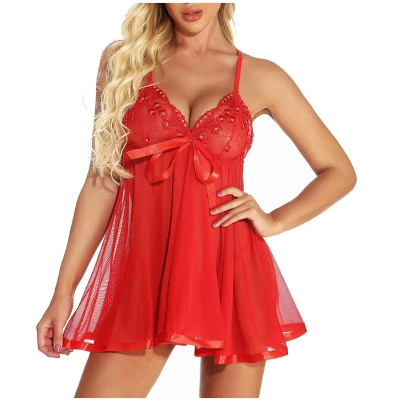 Women's Baby Dolls Sexy Transparent Embroidery Lingerie Women Soft Sleepwear Jumpsuits Camisole Sling Pajamas-Rojo_S