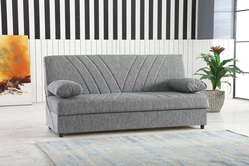 Dmora - Sofa bed Ramon, 3-seater container sofa bed with 2 cushions included, Living room sofa in padded fabric with click-clack opening, 181x81h88 cm, Gray