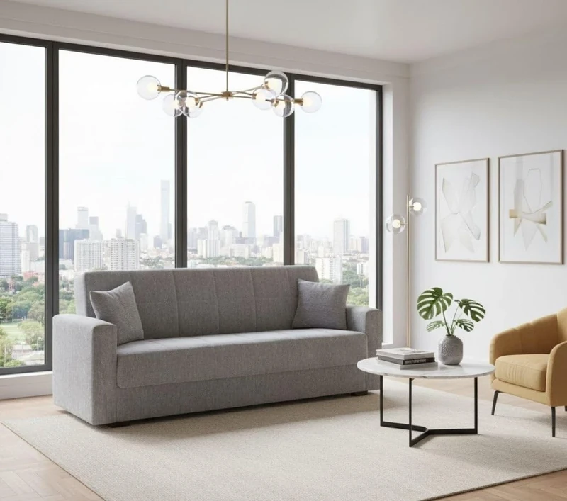 Dmora - Sofa bed Pinto, 3-seater linear container sofa bed, Living room sofa in padded fabric with click-clack opening, 212x80h87 cm, Gray