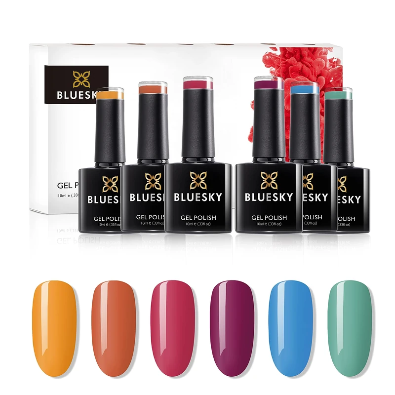 Bluesky Gel Nail Polish Set, Summer 2021 Collection, Orange, Pink, Purple, Blue, Green, 6 x 10 ml (Requires Curing Under LED or UV Lamp)