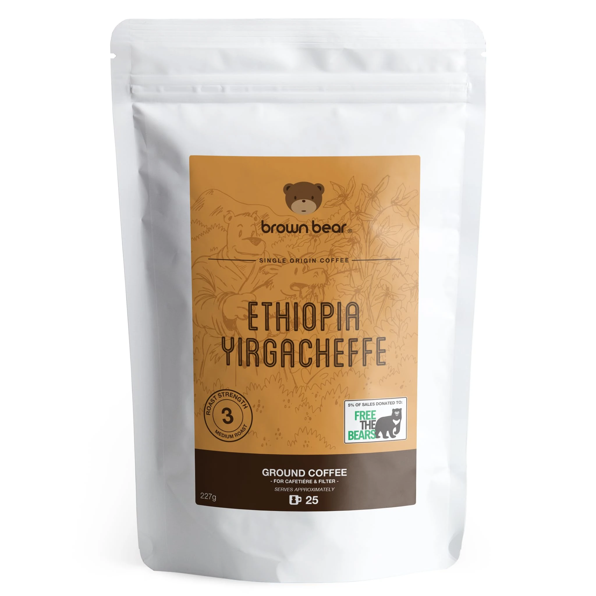 Ethiopia Yirgacheffe Ground Coffee 227g - For French Press Cafetiere Filter Drip V60 Aeropress - Medium Roast - Strength 3 - Brown Bear Ethiopian Coffee - Donation to Free The Bears