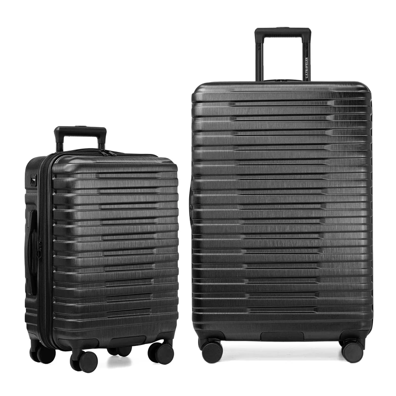 U.S. Traveler Boren Polycarbonate Hardside Rugged Travel Suitcase Luggage with 8 Spinner Wheels, Aluminum Handle, Black, 2-Piece Set, USB Port in Carry-On