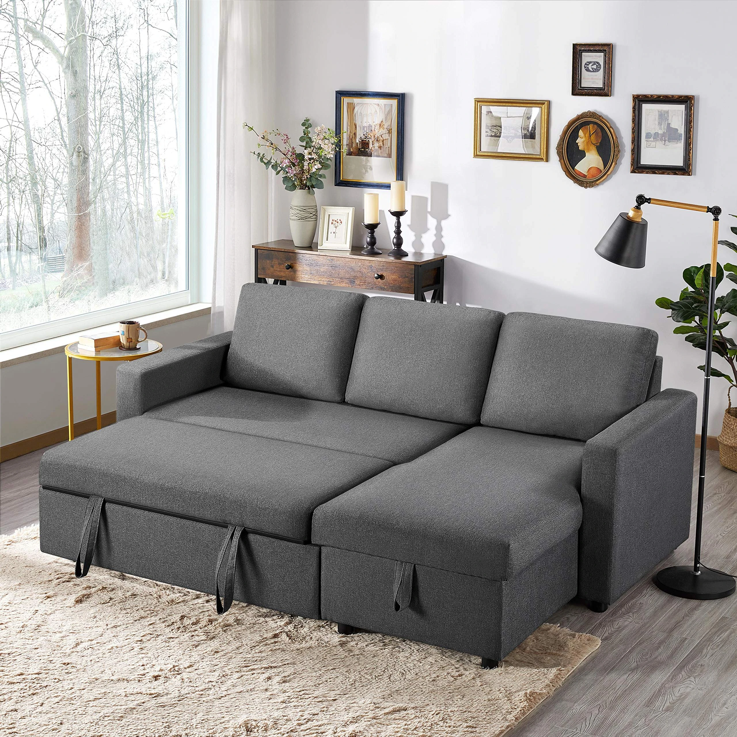 Yaheetech L-Shaped Sofa Bed 3 Seater Couch Pull Out Sectional Couch Bed Convertible Settee Click-Clack Corner Sofa with Storage for Living Room, Office, Grey