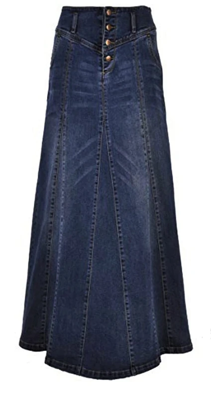 CHARTOU Women's Retro Exposure Button-Fly Packaged Hip A-Line Maxi Long Denim Skirt - Blue - X-Large