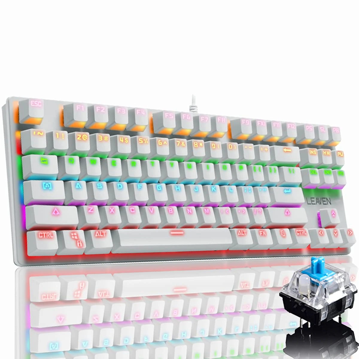 LexonElec Mechanical Gaming Keyboard 87 Keys Full Anti-ghosting USB Wired Keyboard,RGB Rainbow LED Backlit, for Gamers and Typists, for PS4 PS5 Xbox Nintendo PC Computer (White/Blue Switch)