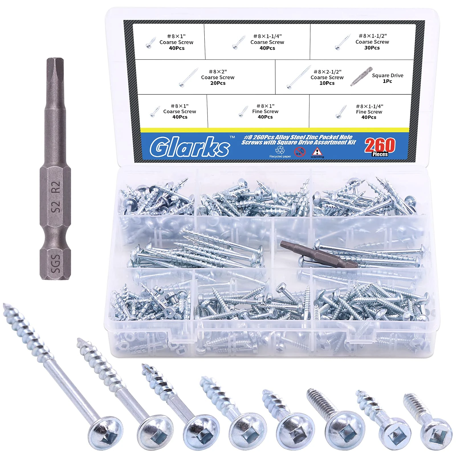 Glarks 260Pcs Pocket Hole Screw Set 8 Size Square Drive Self Tapping Coarse Fine Thread Screws Assortment Kit for Wood and Sheet Metal (260Pcs Screws Assortment Kit)