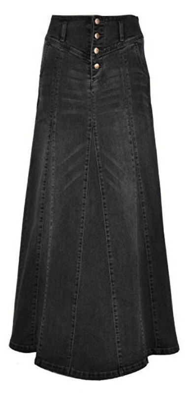 CHARTOU Women's Retro Exposure Button-Fly Packaged Hip A-Line Maxi Long Denim Skirt, Black, X-Small