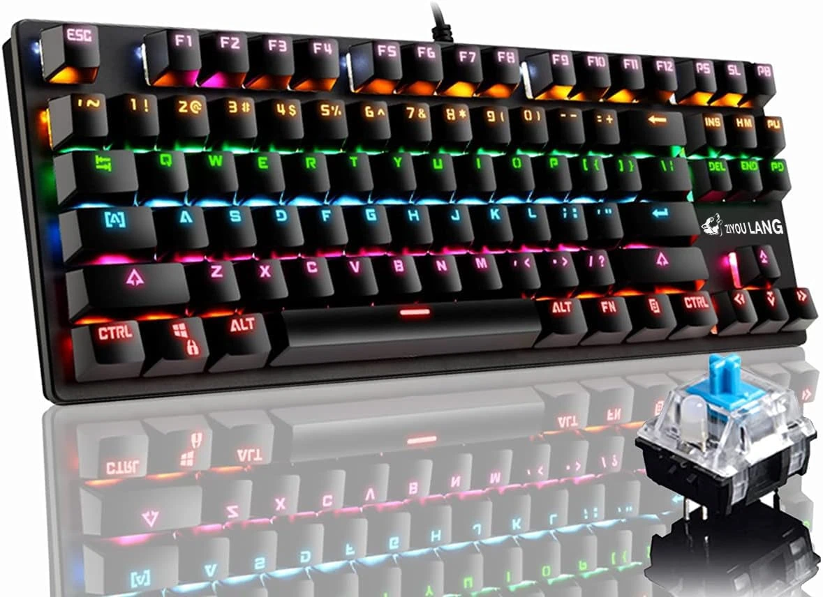 LexonElec ZIYOULANG Mechanical Gaming Keyboard 87 Keys Full Anti-ghosting USB Wired Keyboard,RGB Rainbow LED Backlit, for Gamers and Typists, for PS4 PS5 Xbox Nintendo PC Computer (Black/Blue Switch)