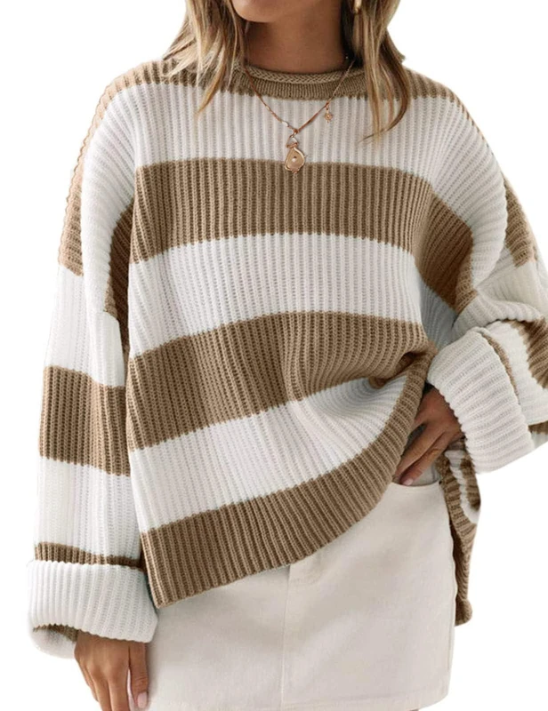 ZESICA Women's 2025 Fall Long Sleeve Oversized Striped Color Block Comfy Loose Crew Neck Knitted Pullover Sweater, Lightkhaki, M