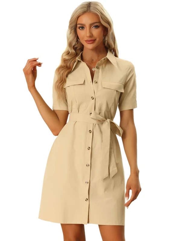 Allegra K Women's Safari Dress Collared Short Sleeve Cotton Belted Button Down Shirt Dresses, Khaki, L