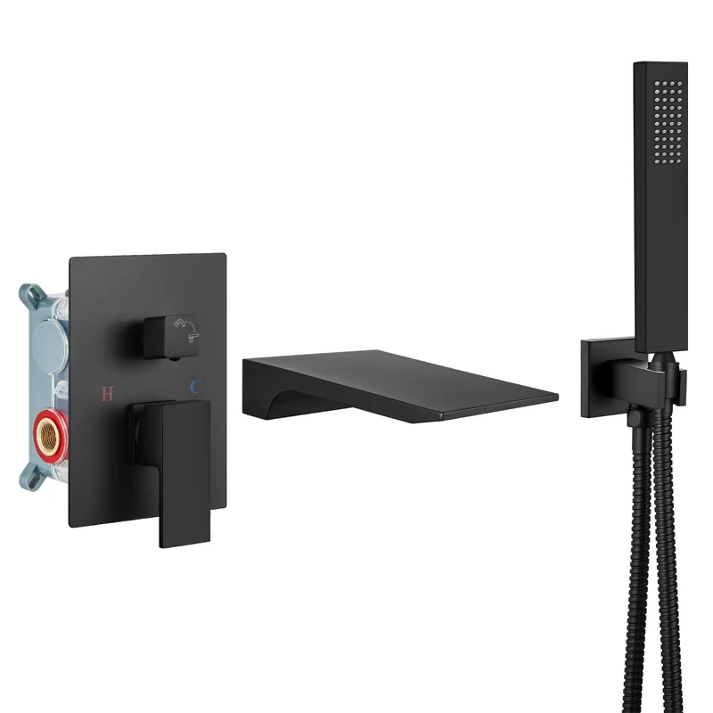 Airuida Wall Mount Tub Faucet with Waterfall Tub Spout Wall Mounted Bathtub Faucet with Handheld Shower Single Handle Tub Filler Shower Faucet Set with Rough-in Valve Straight Spout Matte Black