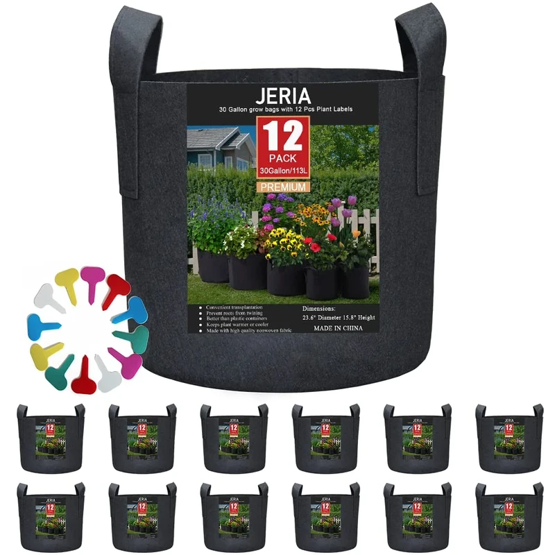 JERIA 12-Pack 30 Gallon, Vegetable/Flower/Plant Grow Bags, Aeration Fabric Pots with Handles (Black), Come with 12 Pcs Plant Labels