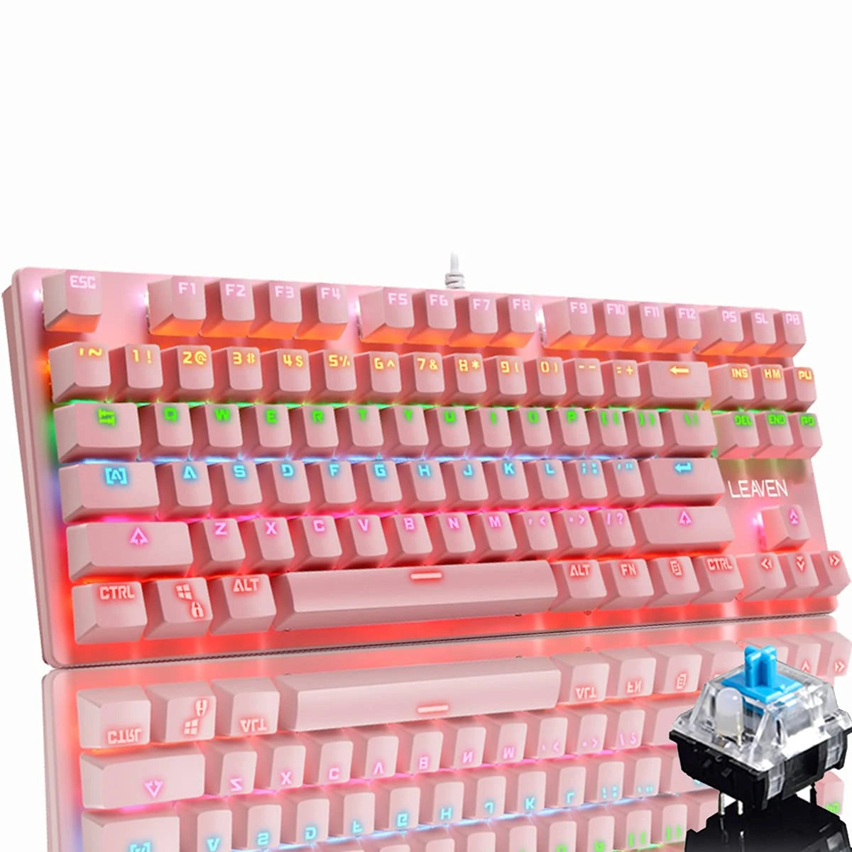 Mechanical Gaming Keyboard 87 Keys Full Anti-ghosting USB Wired Keyboard,RGB Rainbow LED Backlit, for Gamers and Typists, for PS4 PS5 Xbox Nintendo PC Computer (Pink/Blue Switch)