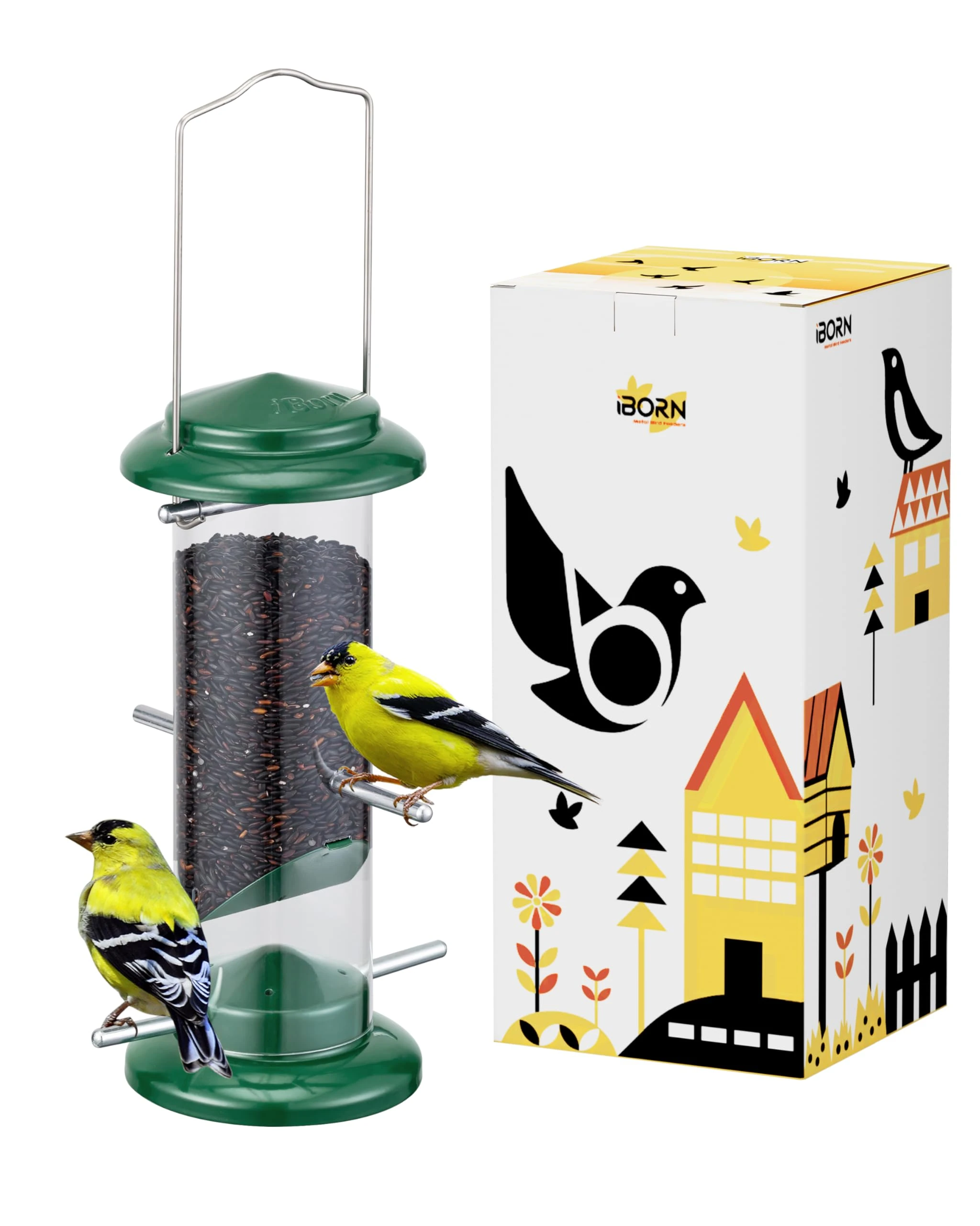 iBorn Metal Niger Seed Bird Feeder,Bird Feeders Hanging,Bird Seed feeder for Goldfinch,Bird Feeders for Small Birds,20 CM/8 Inch,Green