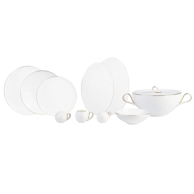 Karaca Fine Pearl Chanak Gold Table Service Set -62- Pieces for 12 People, 12 Person Dinner Set 62-Piece Tableware Set for 12 People with Soup Plate Cake Plate White Color