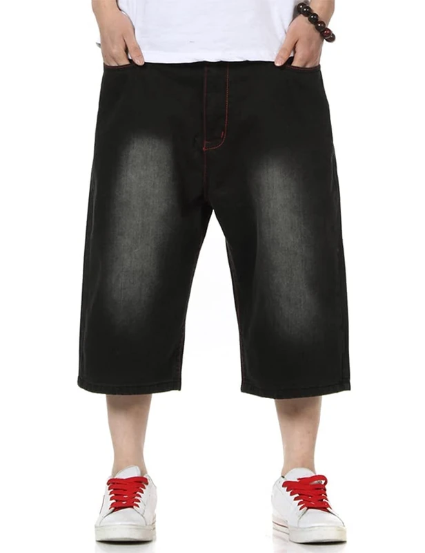Kinghua Baggy Jean Shorts for Men Casual Loose Fit Hip Hop Skateboard Denim Shorts, Black 033-2, 32