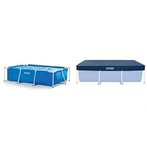 Intex 28272 Metal Frame Rectangular Pool without Filter Pump, 3834 L, Blue, 300 x 200 x 75 cm & Debris/Weather Cover for 3metre x 2metre Frame Pools - 28038