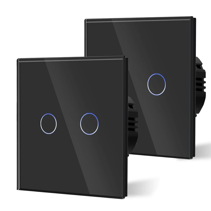BSEED Touch Light Switch,Standard Touch Sensitive Bathroom Switchs,Tempered Glass Panel with LED Backlight, No Neutral Wire Needed,2 Gang 2 Way-2 Pack,Black 86mm
