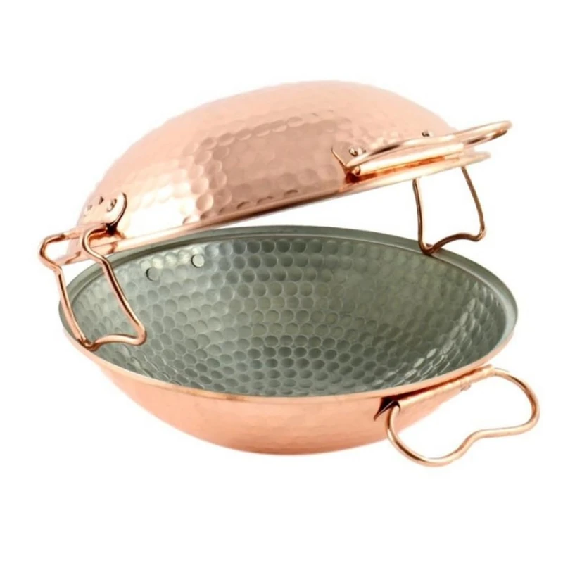 Mali's C20017 – Cataplana Frying Pan, Hammered Copper Wok with Tinned Interior – Oven, All Heat Sources Except Induction, Diameter 24 cm