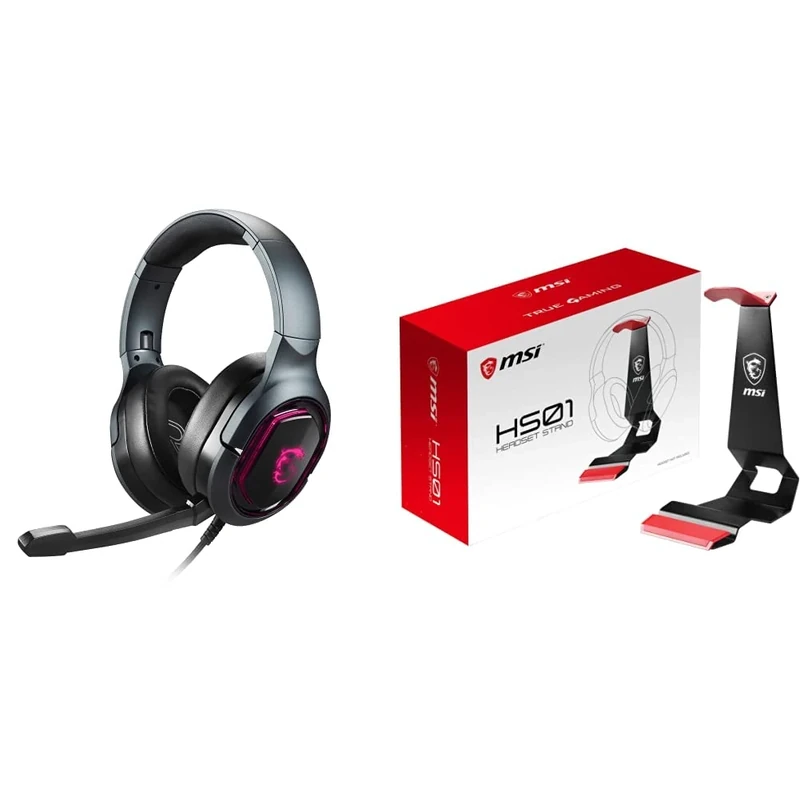 MSI IMMERSE GH50 7.1 Surround Sound RGB Gaming Headset with MSI HS01 Gaming Headset Stand 'Black with Red, Solid Metal Design, Non Slip Base, Cable Organiser, Supports most headsets, Mobile holder'