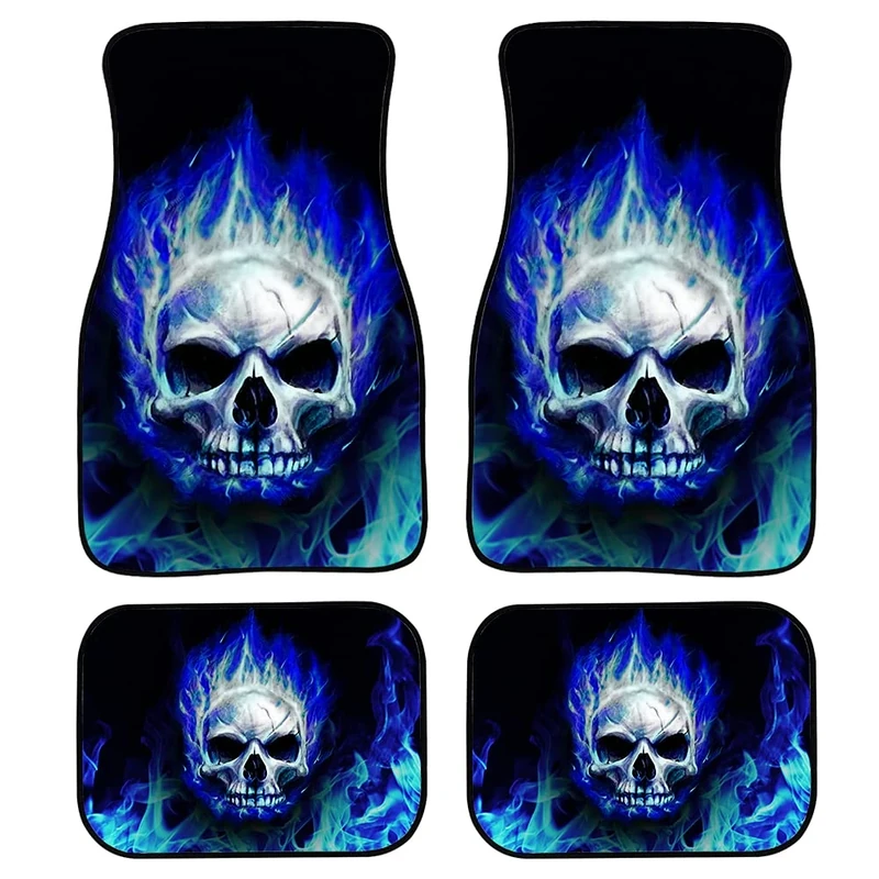 Biyejit Blue Fire Skull Car Floor Mats Set of 4 for Front Rear Seats, Heavy Duty Rubber Backing Universal Fit,SUV Interior Accessories