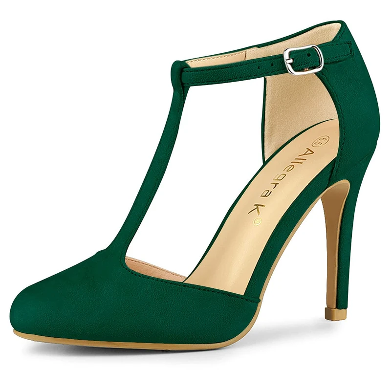Allegra K Women Rounded Toe Stiletto Heel T-Strap Dress Pumps Green 5 UK/Label Size 7 US