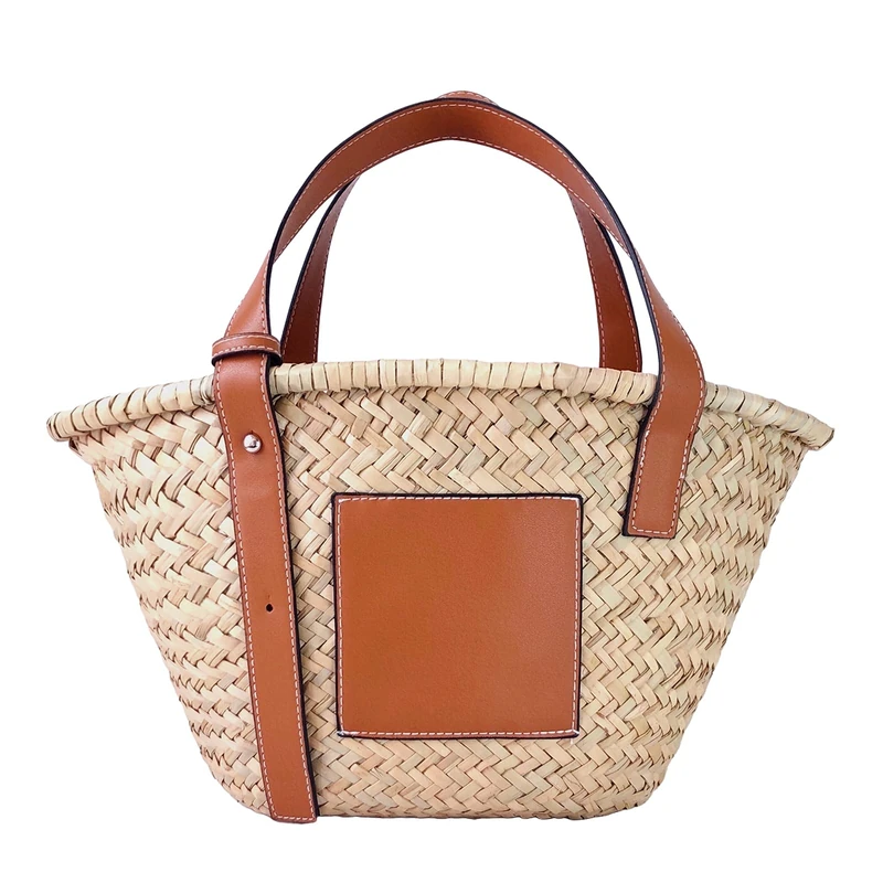 JAYAVENTURA Straw Basket Tote Bag for Women PU Leather Strap Hollow Woven Top Handle Straw Purses and Handbags, Brown-14in-medium, M, fashion
