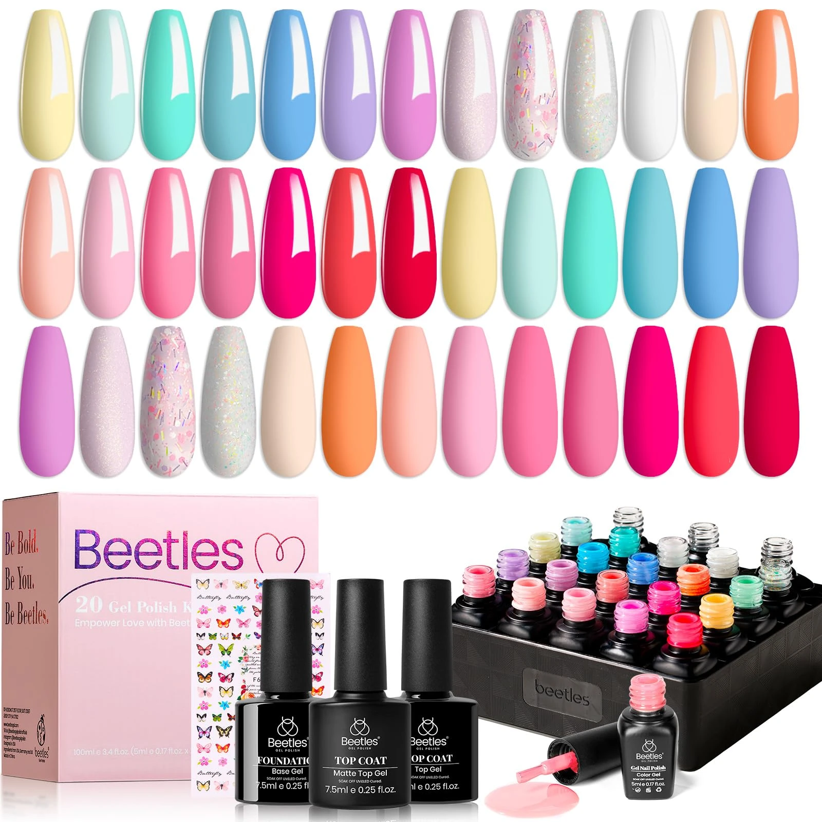 Beetles Easter Gel Nail Polish-20Pcs Pastel Macaron Collection Nude Pink Yellow Blue Green Glitter Gel Polish Set with Glossy Matte Top Coat Base Gel Gift for Women Girls
