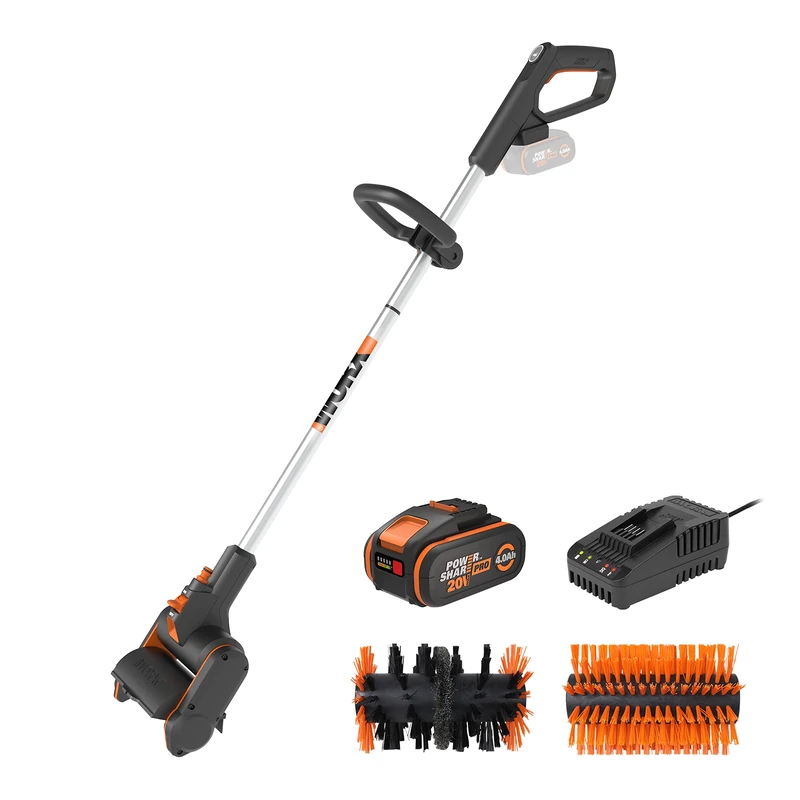 WORX WG441E Battery-Powered Multi Brush 20 V Multifunctional Surface Brush for Stone & Wood Surface Cleaning & Weed Removal - Integrated Water Connection - Includes 4Ah PowerShare Battery & Quick