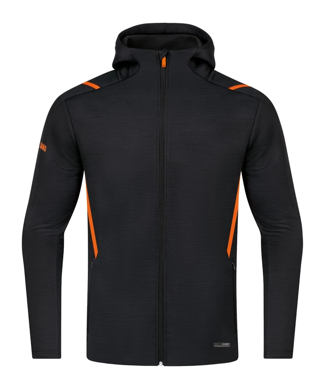 JAKO Challenge Leisure Jacket with Hood, Black Mottled/Neon Orange, L