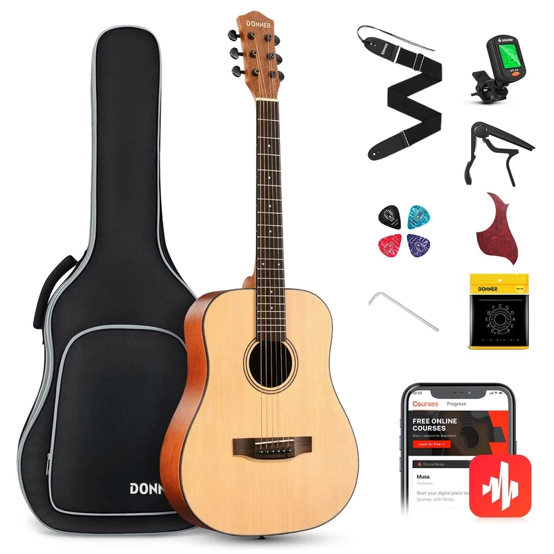 Donner Guitar Acoustic 3/4 for Beginners Beginners Acoustic Guitar Set Guitars Adults 36 Inch Dreadnought with 6 Pockets Capo Plectrums Strap (Natural)