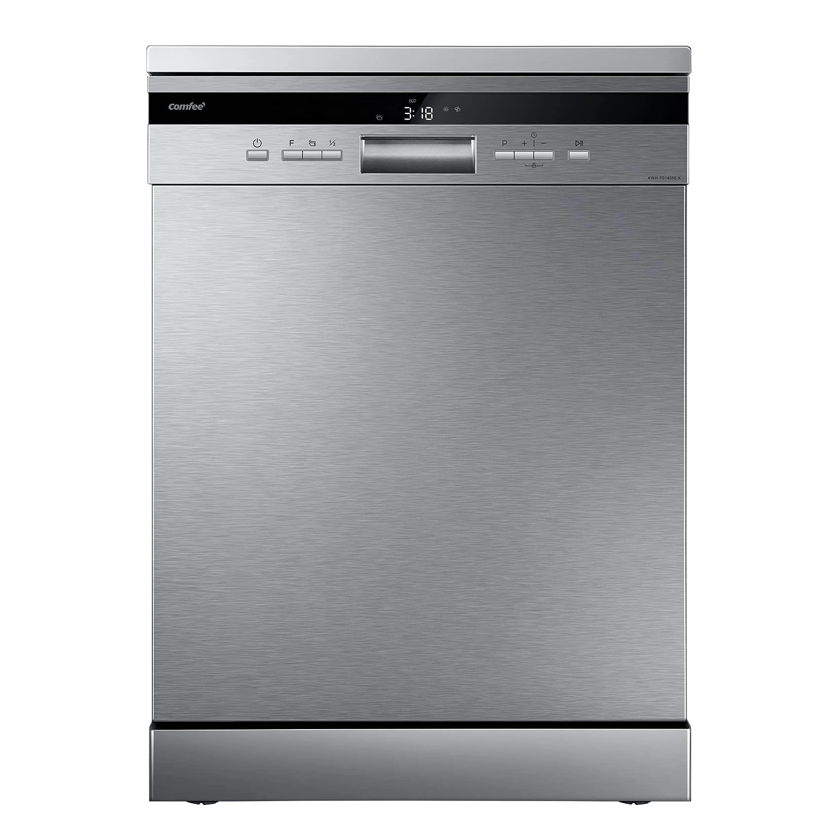 COMFEE' Freestanding Dishwasher FD1435E-X with 14 place settings, Full Size, Whisper Quiet 44dB, Wide LED Display, Delay Start, Half Load Function, Flexible Racks, Stainless Steel