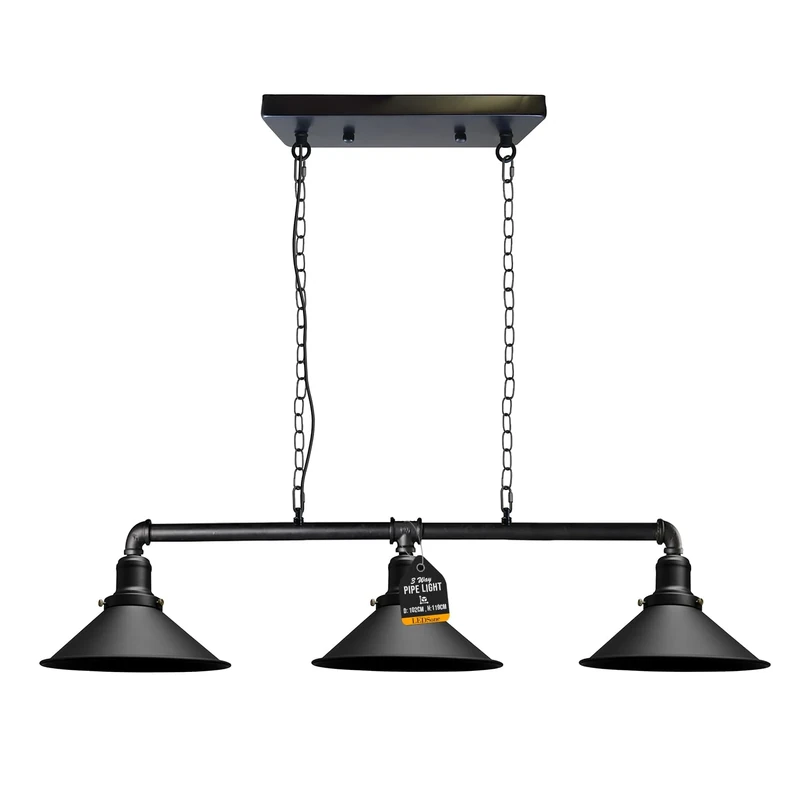 LEDSone Industrial 3 Way Pipe Pendant Lamp E27 Lamp Holder 22cm Black Cone Shade Ceiling Light Fixture with 95cm Adjustable Hanging Chandelier for Dining Room, Kitchen Island, Bar