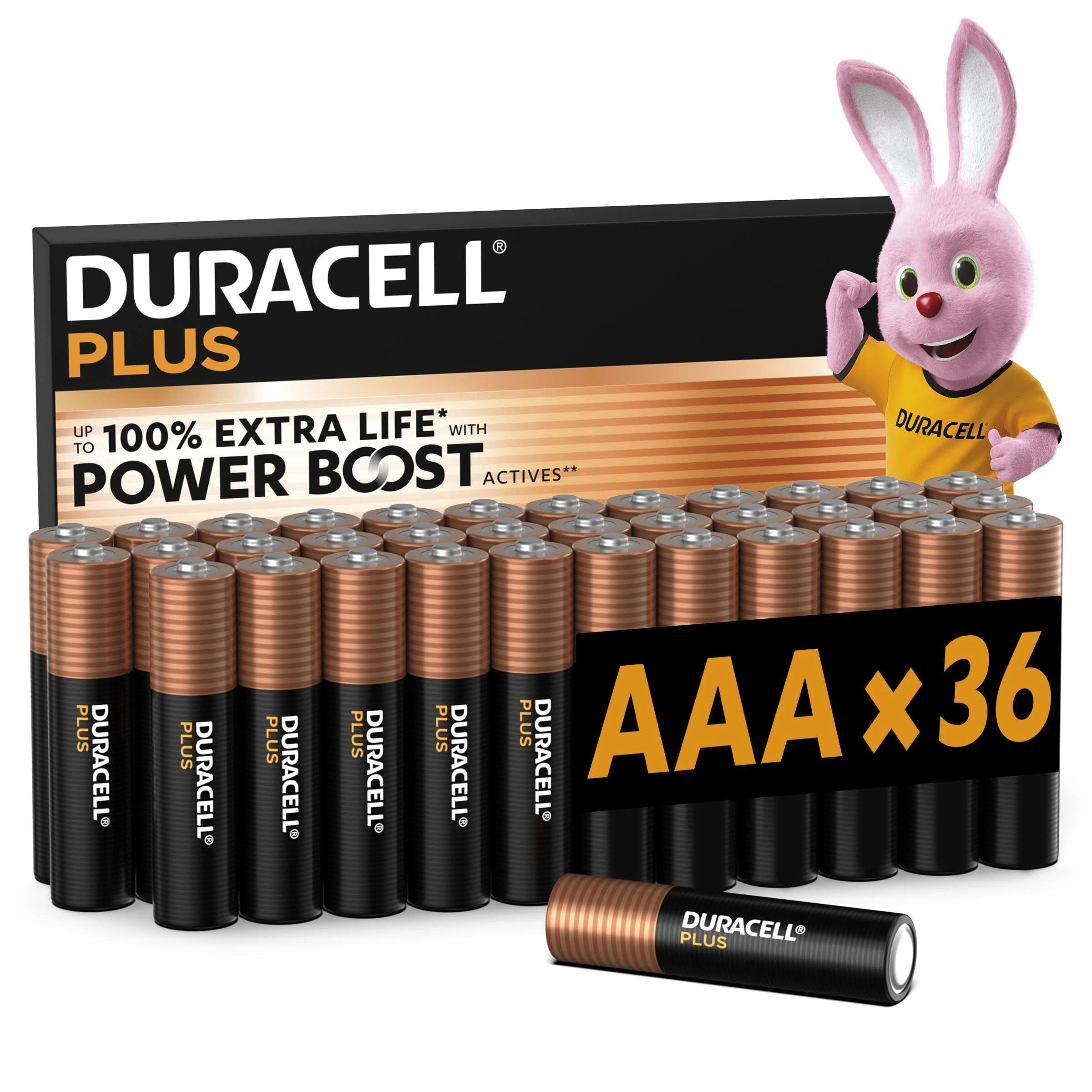 DURACELL Plus AAA Batteries (36 Pack) – Alkaline Batteries 1.5V – Up to 100% Extra Life with POWER BOOST Actives– Reliability For Everyday Devices – 0% Plastic Packaging – 10-Year Storage-MN2400