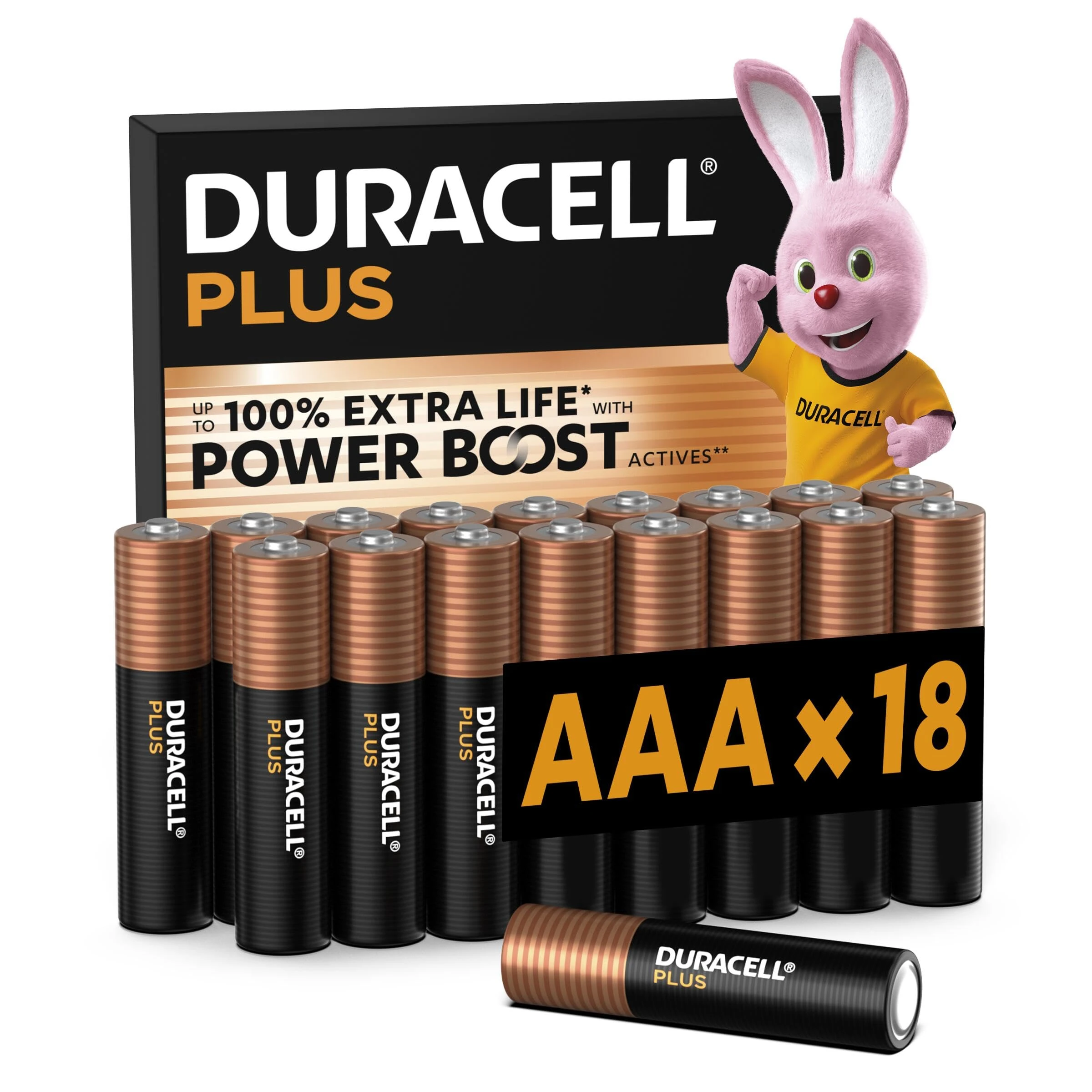 DURACELL Plus AAA Batteries (18 Pack) – Alkaline Batteries 1.5V – Up to 100% Extra Life with POWER BOOST Actives– Reliability For Everyday Devices – 0% Plastic Packaging – 10-Year Storage-MN2400