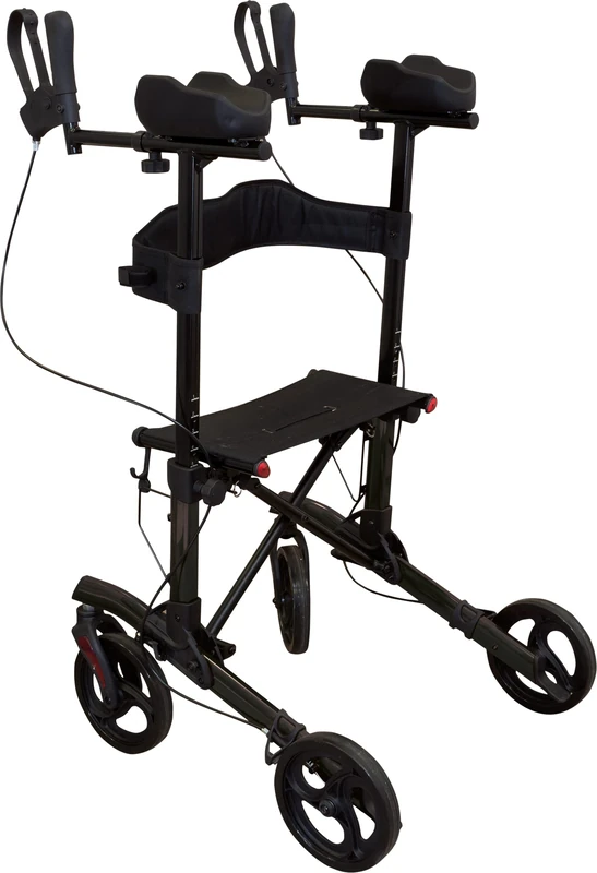 Aidapt Black Forearm Folding Light Weight 4 Wheeled Rollator Upright Walker Mobility Aid with Seat, Detachable Carry Bag, Lockable Brakes and Puncture Proof Tyres for Indoor and Outdoor use.