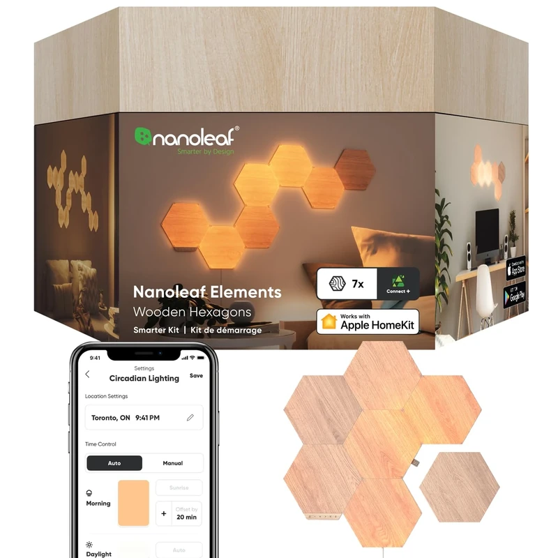 Nanoleaf Elements Hexagon Starter Kit, 7 Wood Look LED Smart Light Panels - Dimmable & Modular Wi-Fi Wall Mood Lights, Works with Alexa Google Assistant Apple Homekit, for House Room Decor or Desk