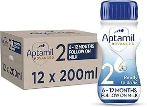 Aptamil Advanced 2 Follow On Baby Milk Ready to Use Liquid Formula 6-12 Months 200 ml (Pack of 12 Bottles)