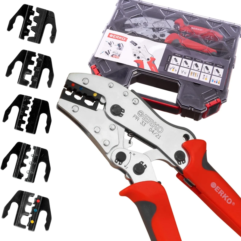 ERKO Universal Crimping Tool Set Including 5 Crimping Inserts for Cable Lugs with and Without Insulation 0.5 ÷ 6 mm2 and for Wire End Ferrules 0.5 ÷ 35 mm2, Stainless Steel, Length: 220 mm, PR_33