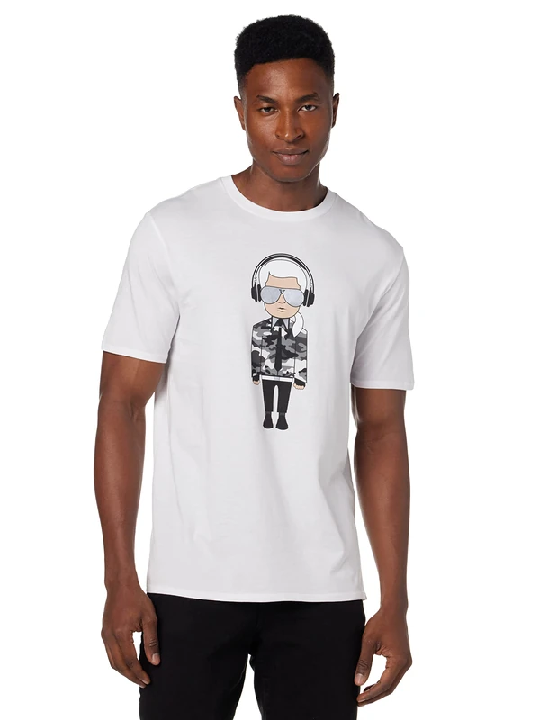 KARL LAGERFELD Men's Reflective T, Karl Character with Headphones Short Sleeve Crew Neck Shirt, White/Opulent Garden, M - Image 1