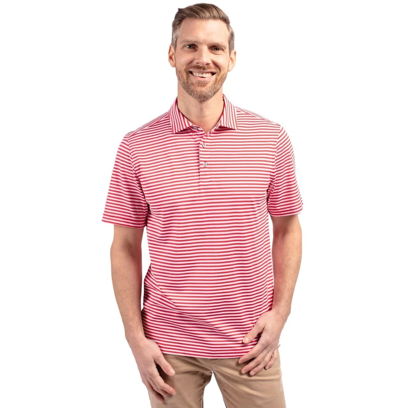 Cutter & Buck Men's Short Sleeve Virtue Eco Pique Stripe Recycled Polo Shirt, Red, XXL