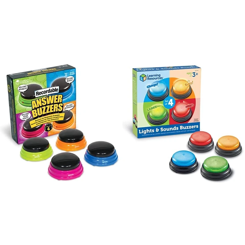 Learning Resources Recordable Answer Buzzers, Personalized Sound Buzzers, Talking Button, Set of 4, Ages 3+ & LER3776 Learning Resources Lights and Sounds Buzzers (Set of 4), Multicoloured