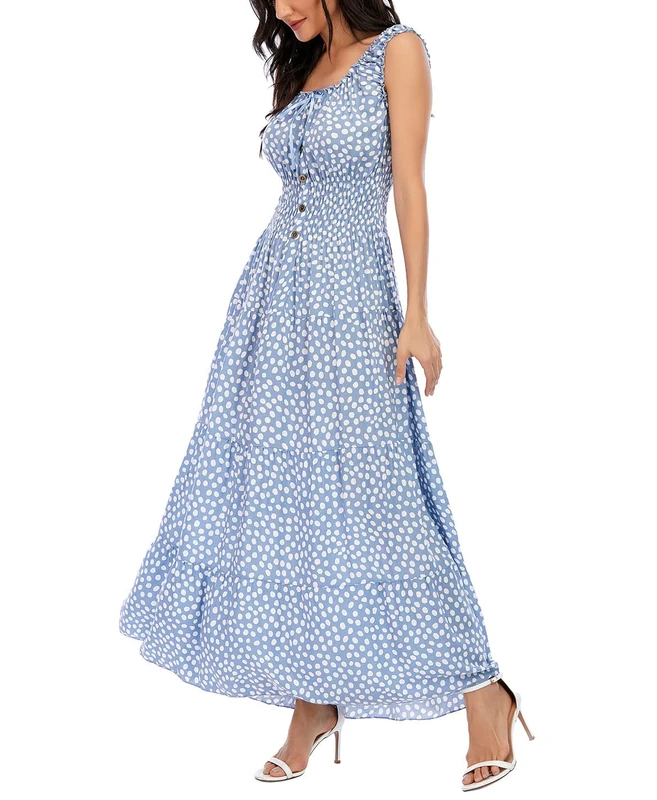 Women’s Sleeveless Summer Flowy Printed Boho Maxi Long Dress Dresses for Wedding Guest, Blue, L