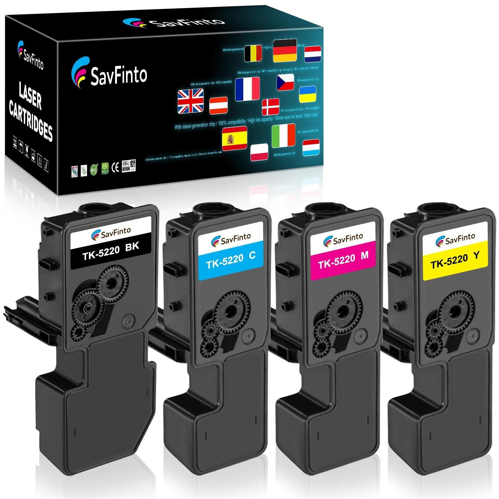 SavFinto TK-5220 Compatible for Kyocera ECOSYS M5521cdw Toner Cartridges Replacement for Kyocera TK5220 TK 5220 for ECOSYS P5021cdn P5021cdw M5521cdn M5521cdw (1 Black, 1 Cyan, 1 Magenta, 1 Yellow)