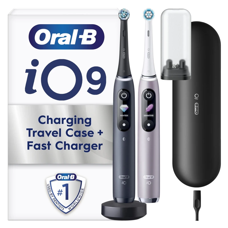 Oral-B iO9 2x Electric Toothbrushes For Adults, Oral B Electric Toothbrushes, Gifts For Women / Men, 2 Toothbrush Heads and Charging Travel Case, 7 Modes with Teeth Whitening, 2 Pin Plug, Black