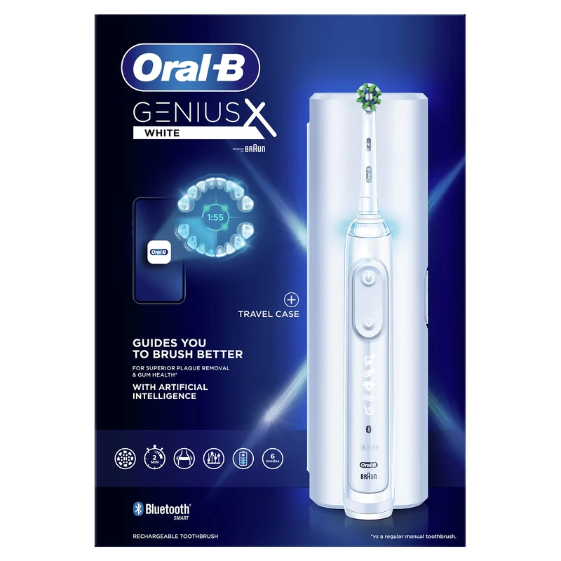 Oral-B Genius X Electric Toothbrush with Artificial Intelligence, App Connected Handle, 1 Toothbrush Head & Travel Case, 6 Mode Display with Teeth Whitening, 2 Pin UK Plug, White