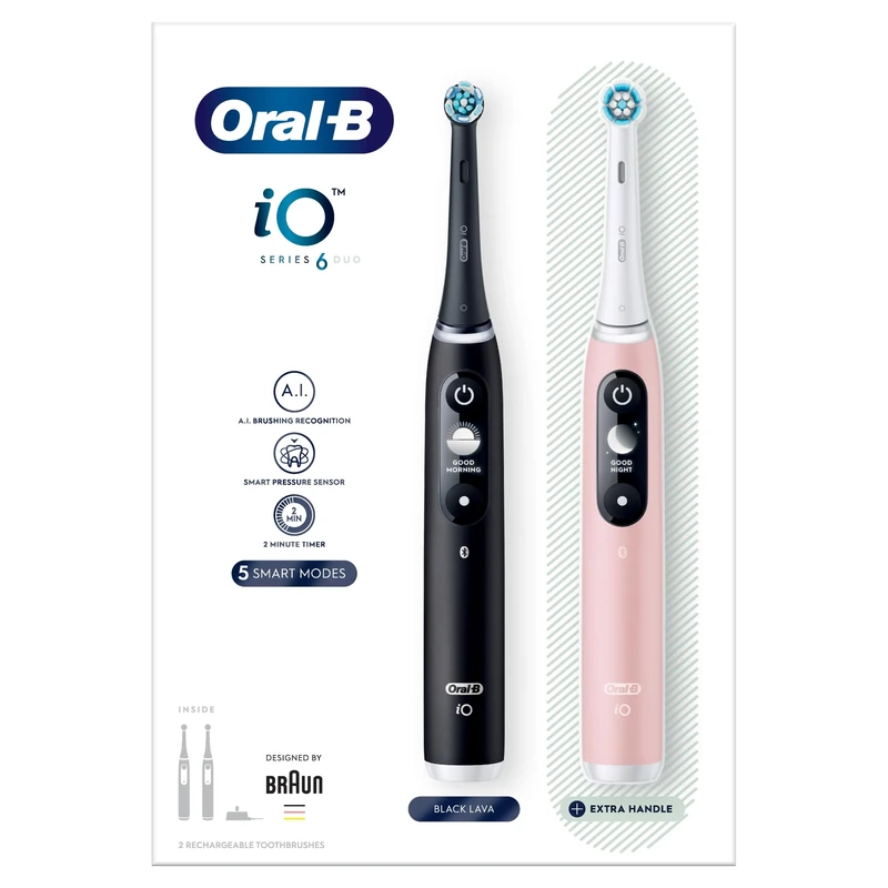 Oral-B iO6 2x Electric Toothbrushes For Adults, 2 Handles, 2 Toothbrush Heads, 5 Modes with Teeth Whitening, 2 Pin Plug, Black Lava and Pink Sand